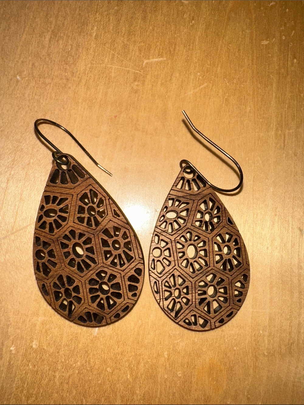 Brown Filigree Teardrop Wood Earrings - Women Jewelry
